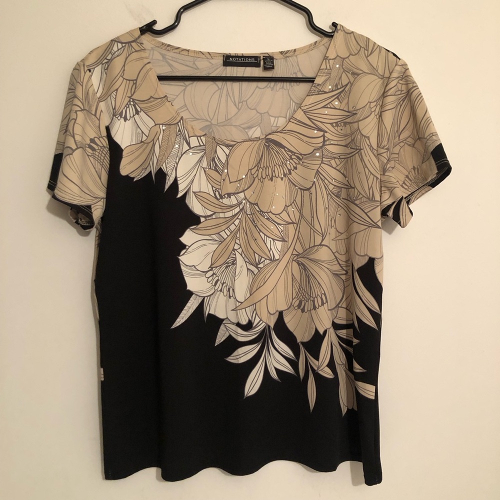 Notations Black and Beige Floral Womens Short Sleeve Top Size L